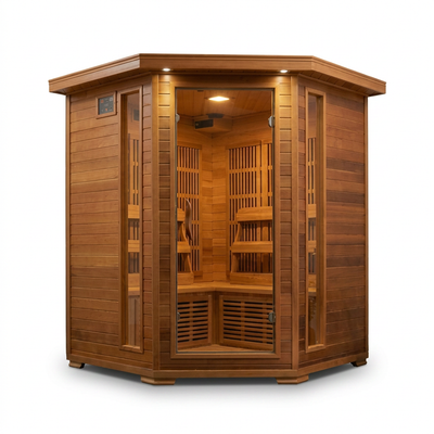 4-Person Cedar Corner Infrared Sauna with 10 Carbon Heaters