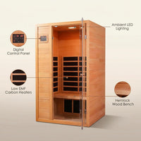 1 Person Extendable FAR Infrared Sauna for Home, Hemlock Wood Low EMF 6 Carbon Heaters Indoor Saunas with LED Lights, Bluetooth Speaker, Digital Control Panel, and Seating Bench — Feature Infographic