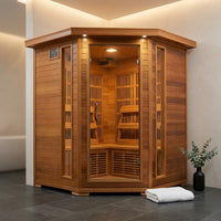 4-Person Cedar Corner Infrared Sauna with 10 Carbon Heaters — Studio Shot