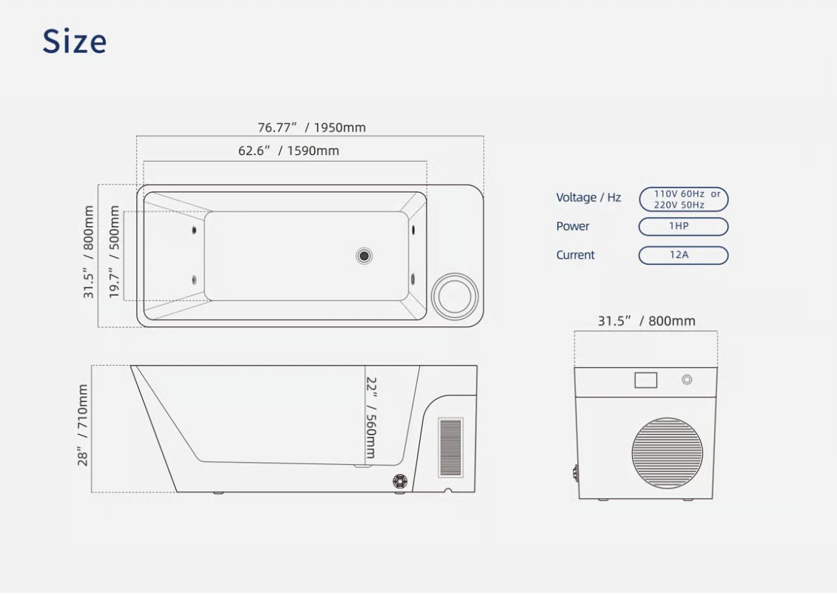 Orivon Frost Cold Plunge Tub, White Acrylic Finish, 37°–108°F Precision Control  Diagrams