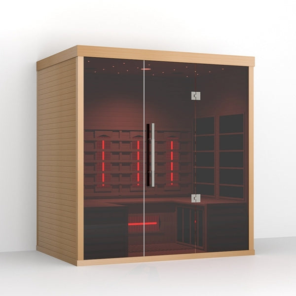 Lumin Three Far Infrared Sauna, 3 Person, Premium Canadian Hemlock, Plug & Play 110V/120V, front left exterior