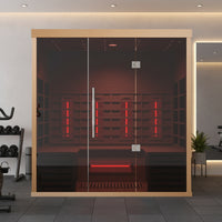 Lumin Three Far Infrared Sauna, 3 Person, Premium Canadian Hemlock, Plug & Play 110V/120V, in a home gym