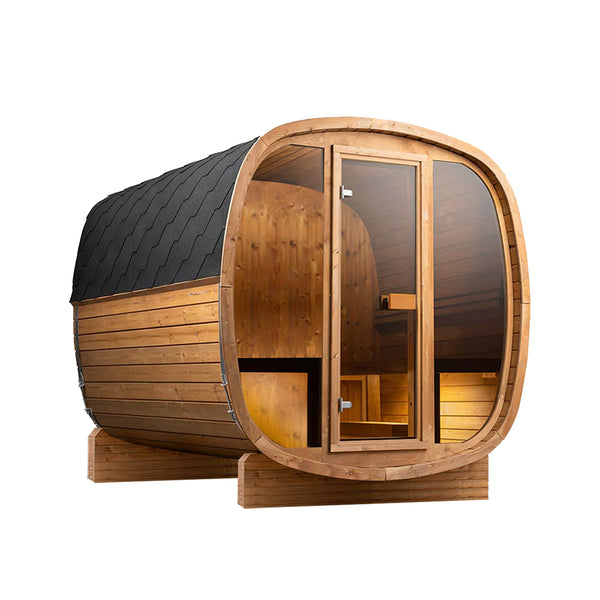 Orivon Auris Two Luxury Outdoor Cedar Sauna, 3-4 person, with Optional 9KW Electric Heater, front left exterior view
