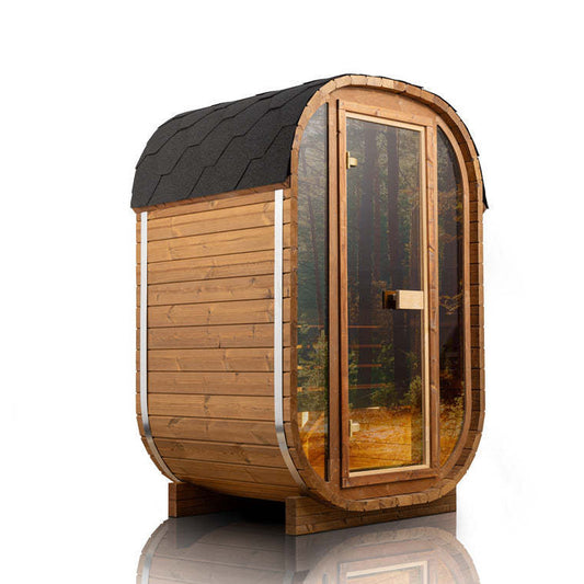 Orivon Auris 1 red cedar outdoor sauna, 1-2 person, left front exterior view"