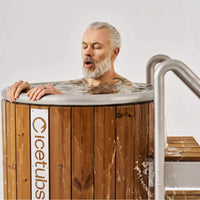 Icetubs IceBarrel XL Upright Cold Plunge in Thermowood and Fiberglass with Optional Safety Stairs