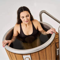 Icetubs IceBarrel XL Upright Cold Plunge in Thermowood and Fiberglass with Optional Safety Stairs