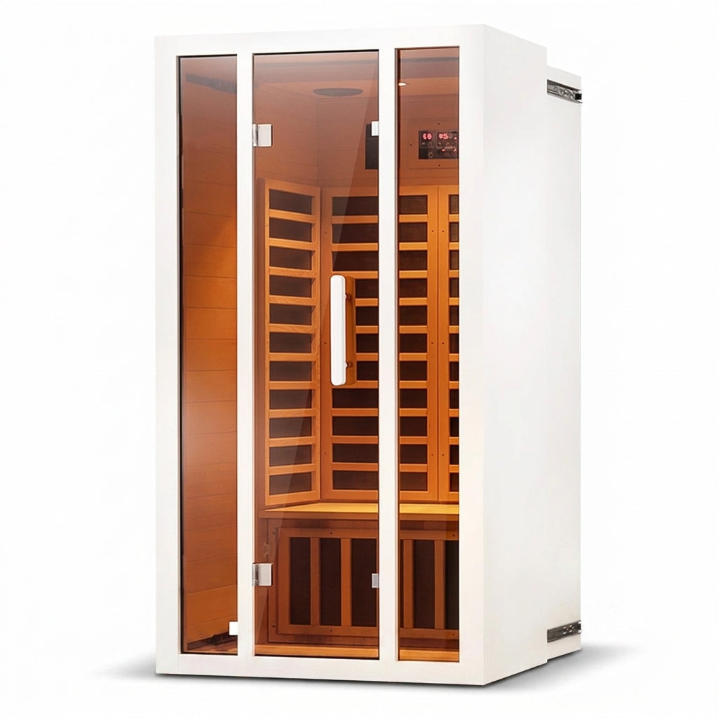 2 Person Extendable FAR Infrared Sauna for Home, Hemlock Wood Low EMF 6 Carbon Heaters Indoor Saunas with LED Lights, Bluetooth Speaker, Digital Control Panel, and Seating Bench — Studio Shot