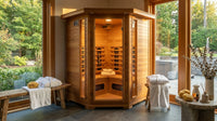 4-Person Cedar Corner Infrared Sauna with 10 Carbon Heaters — Lifestyle