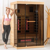Thermora Valen 2-Person Low EMF FAR Infrared Sauna in Canadian Hemlock with Panoramic Tempered Glass and Chromotherapy