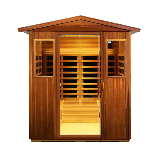 Thermora Moretti 4-Person Outdoor Mahogany Full Spectrum Ultra-Low EMF Infrared Sauna with Chromotherapy and Bluetooth
