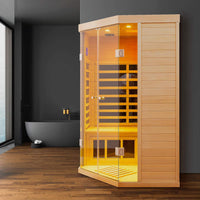 Thermora Laurent 2-Person Corner FAR Infrared Sauna in Canadian Hemlock with Chromotherapy and Bluetooth