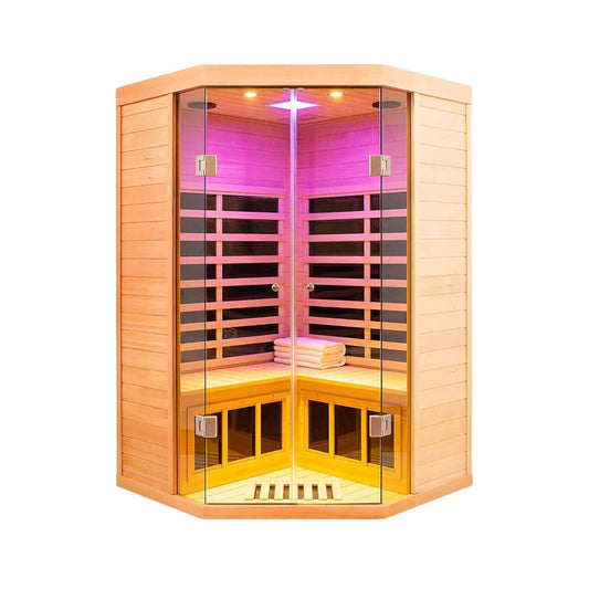 Thermora Laurent 2-Person Corner FAR Infrared Sauna in Canadian Hemlock with Chromotherapy and Bluetooth
