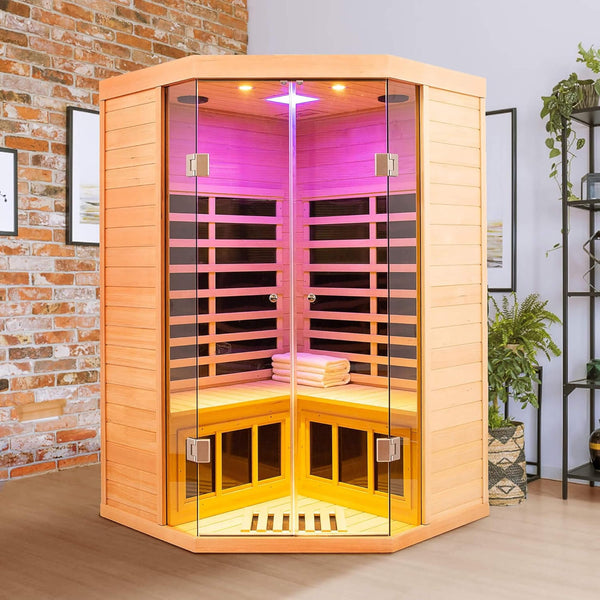 Thermora Laurent 2-Person Corner FAR Infrared Sauna in Canadian Hemlock with Chromotherapy and Bluetooth